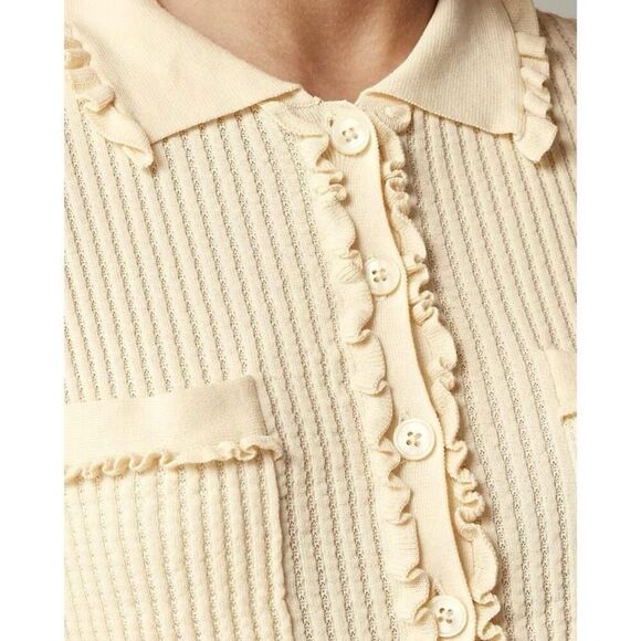 J. Crew Pointelle ruffle-trim cardigan in Warm Sesame Ecru Size M NWT CG814 - Picture 2 of 10